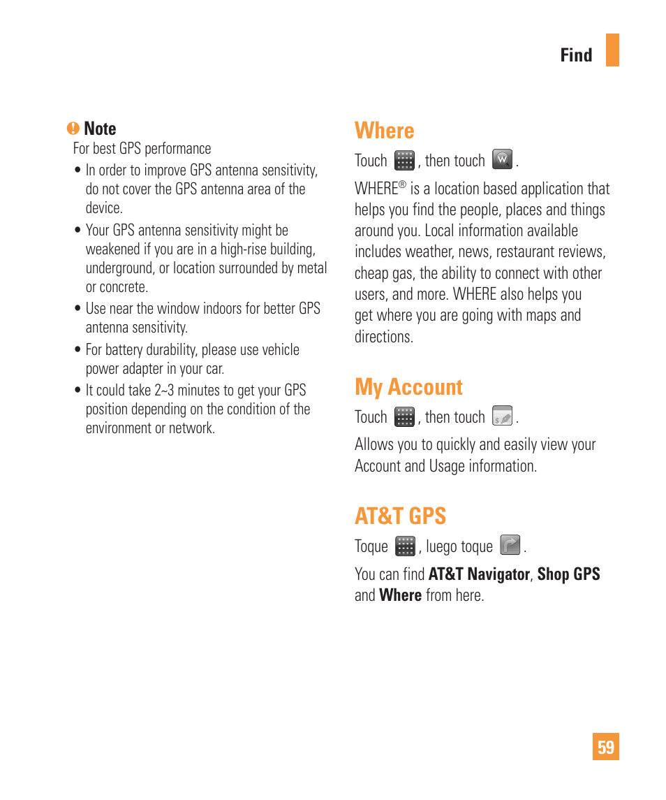 Where, My account, At&t gps | LG ARENA User Manual | Page 63 / 149