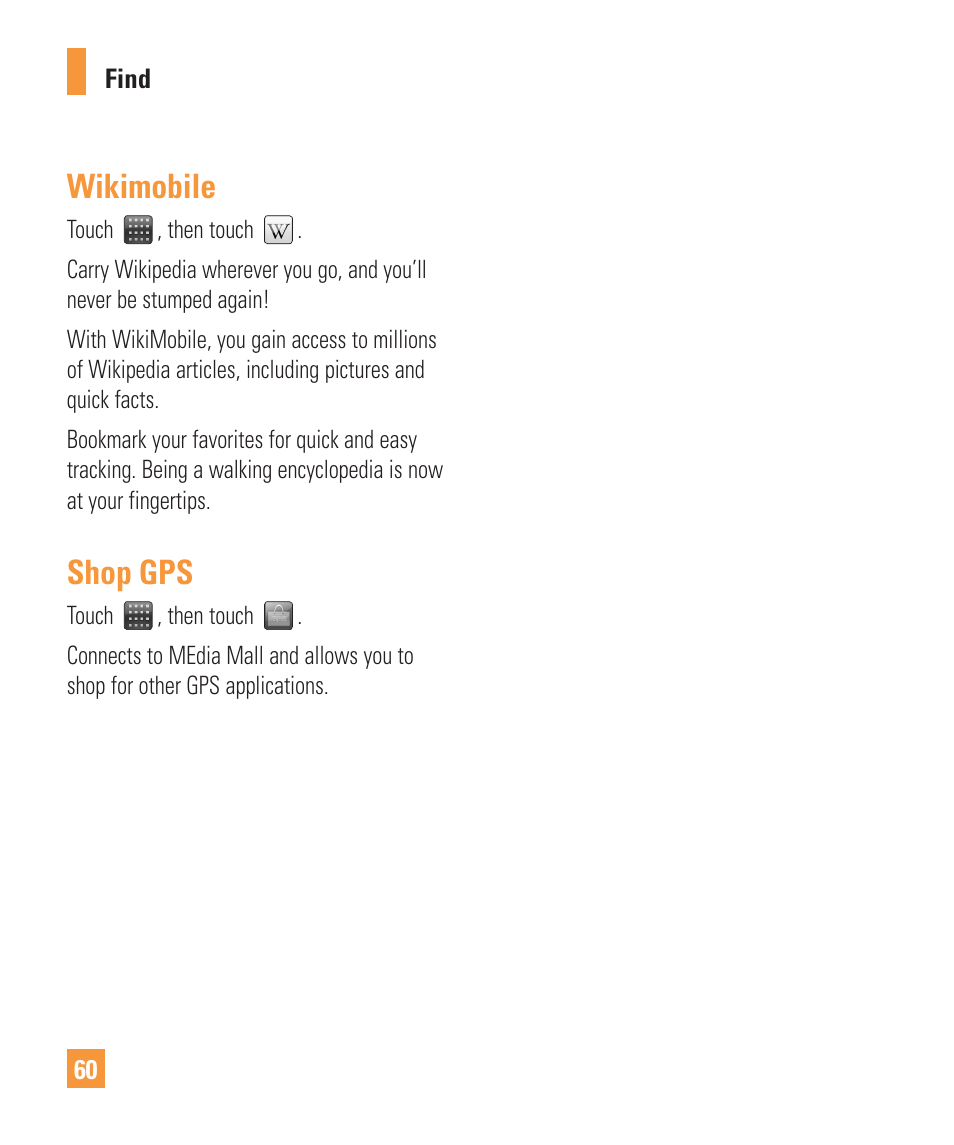 Wikimobile, Shop gps | LG ARENA User Manual | Page 64 / 149