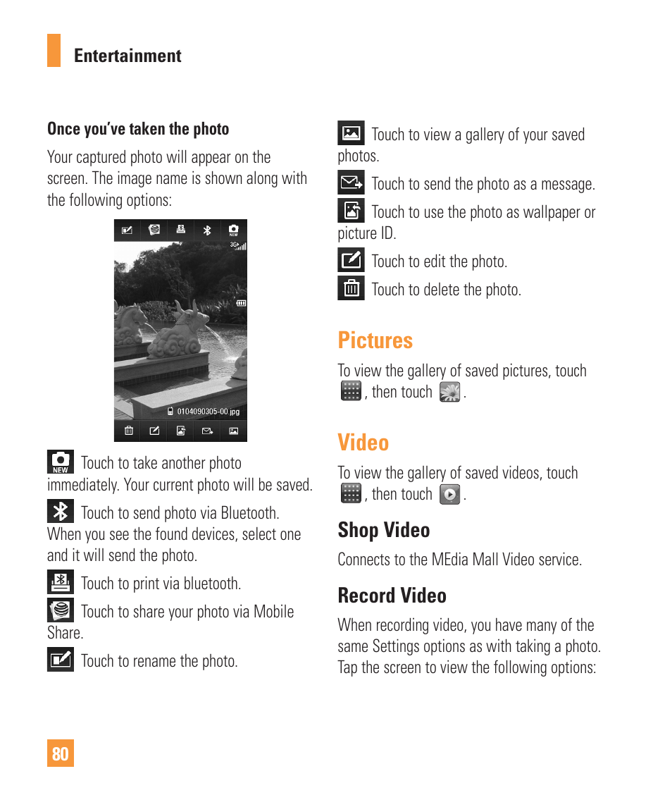 Pictures, Video, Shop video | Record video | LG ARENA User Manual | Page 84 / 149