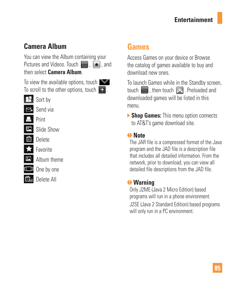 Games, Camera album | LG ARENA User Manual | Page 89 / 149