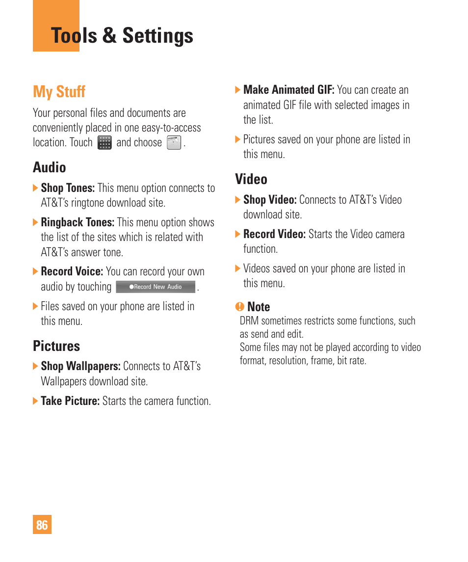 Tools & settings, My stuff, Audio | Pictures, Video | LG ARENA User Manual | Page 90 / 149