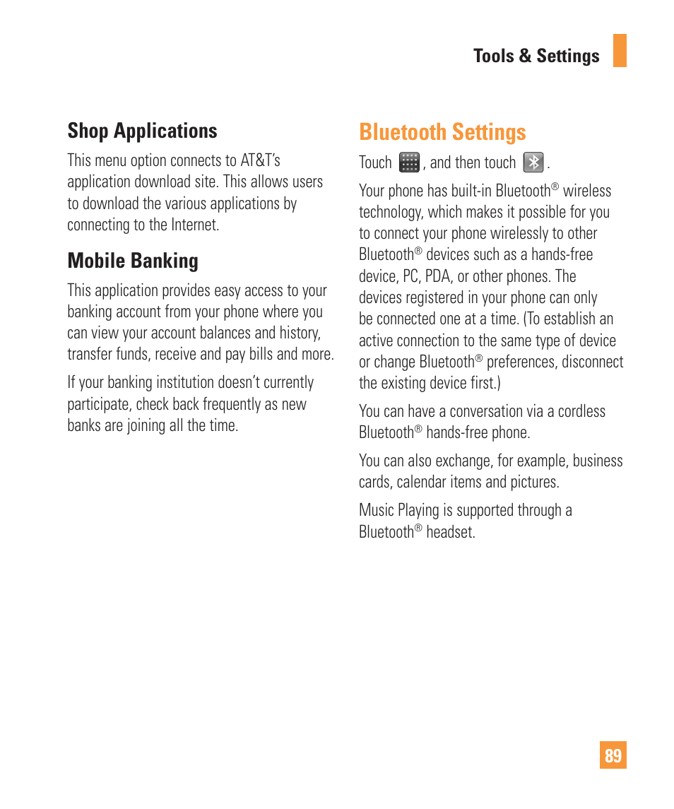 Bluetooth settings, Shop applications, Mobile banking | LG ARENA User Manual | Page 93 / 149