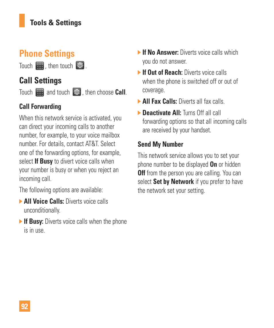 Phone settings, Call settings | LG ARENA User Manual | Page 96 / 149