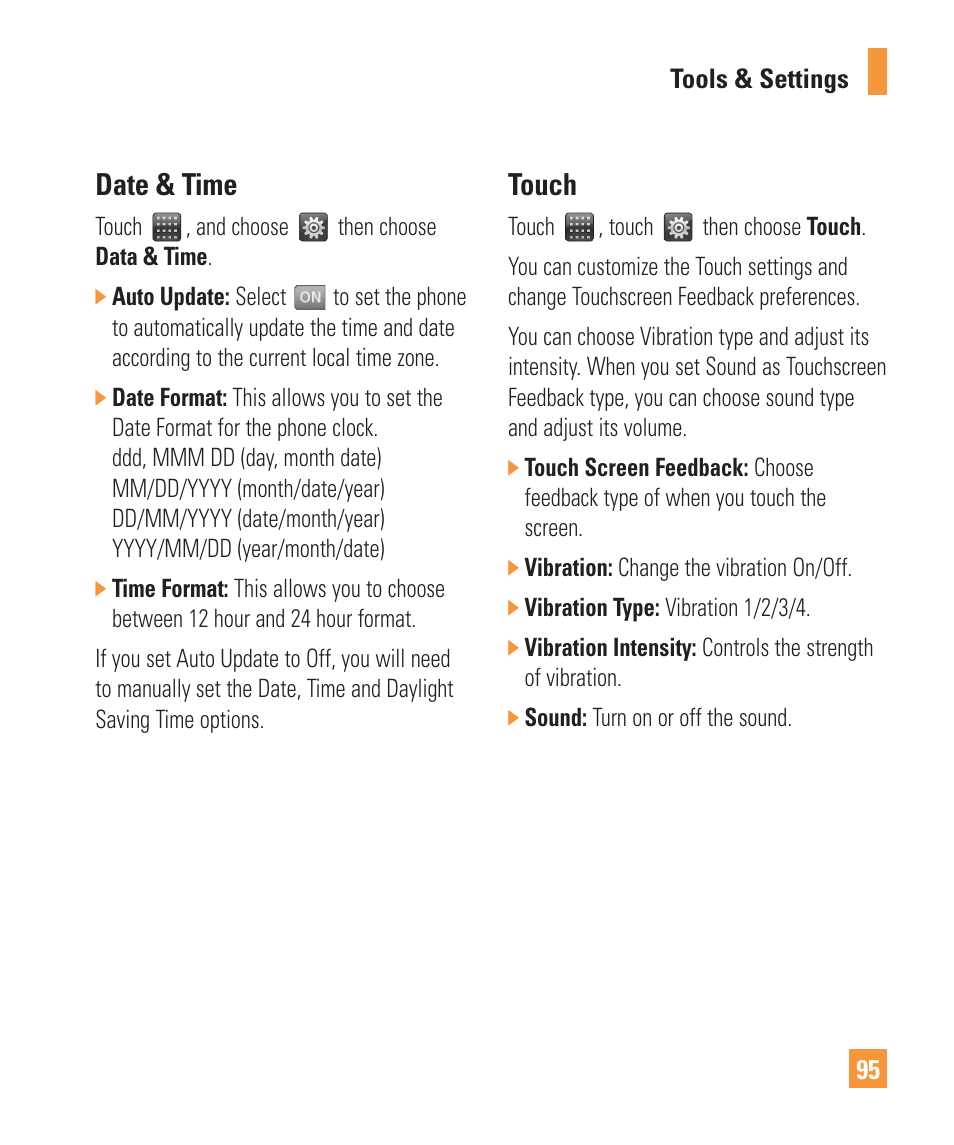 Date & time, Touch | LG ARENA User Manual | Page 99 / 149