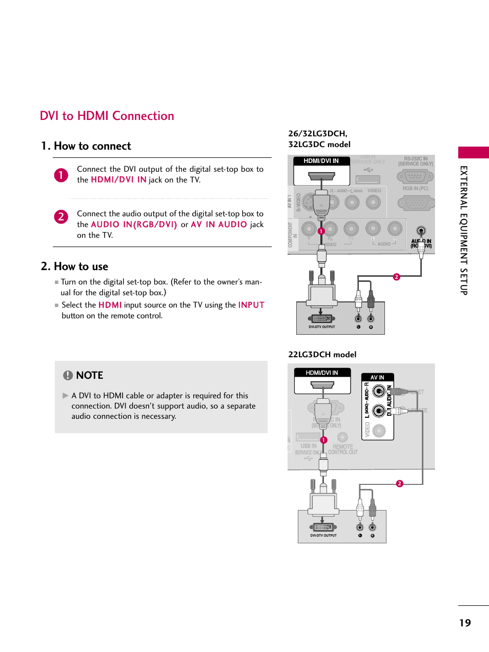Dvi to hdmi connection, How to connect 2. how to use, External eq uipment setup | LG 323DCH User Manual | Page 21 / 88