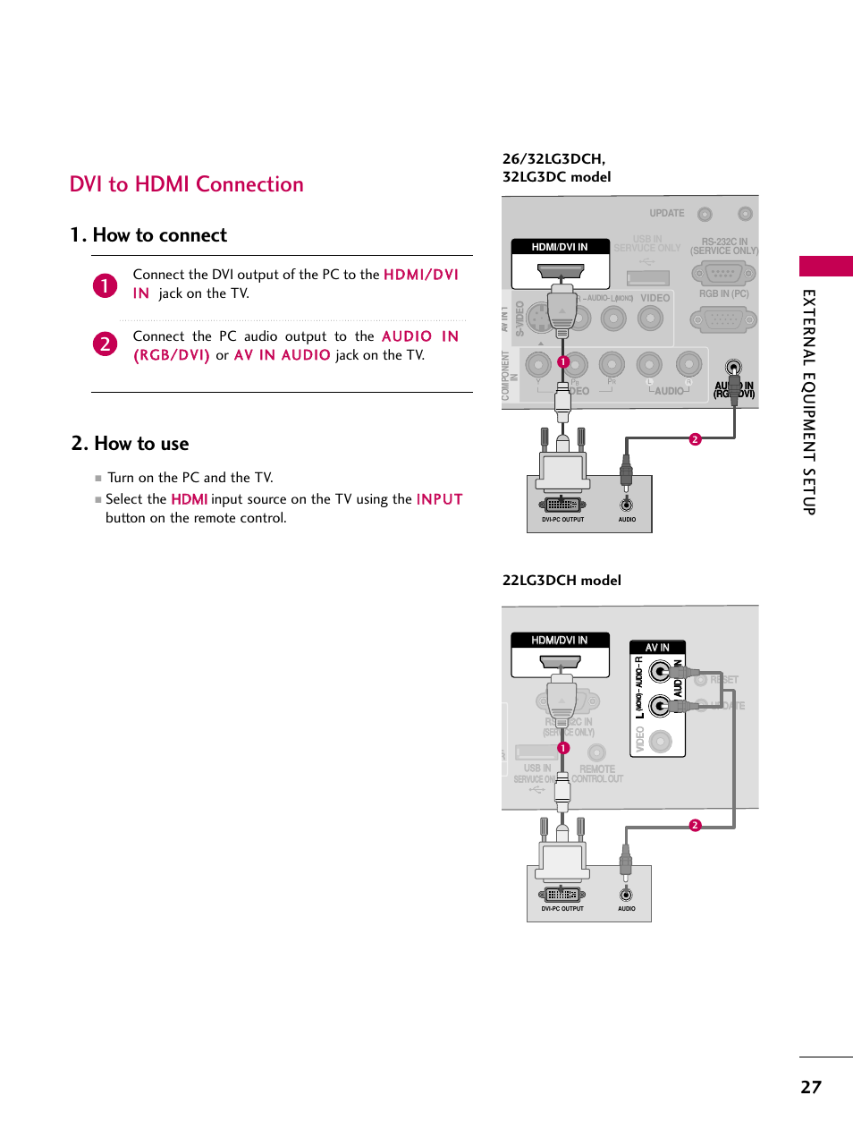 Dvi to hdmi connection, How to use, How to connect | External eq uipment setup, Turn on the pc and the tv, 22lg3dch model | LG 323DCH User Manual | Page 29 / 88