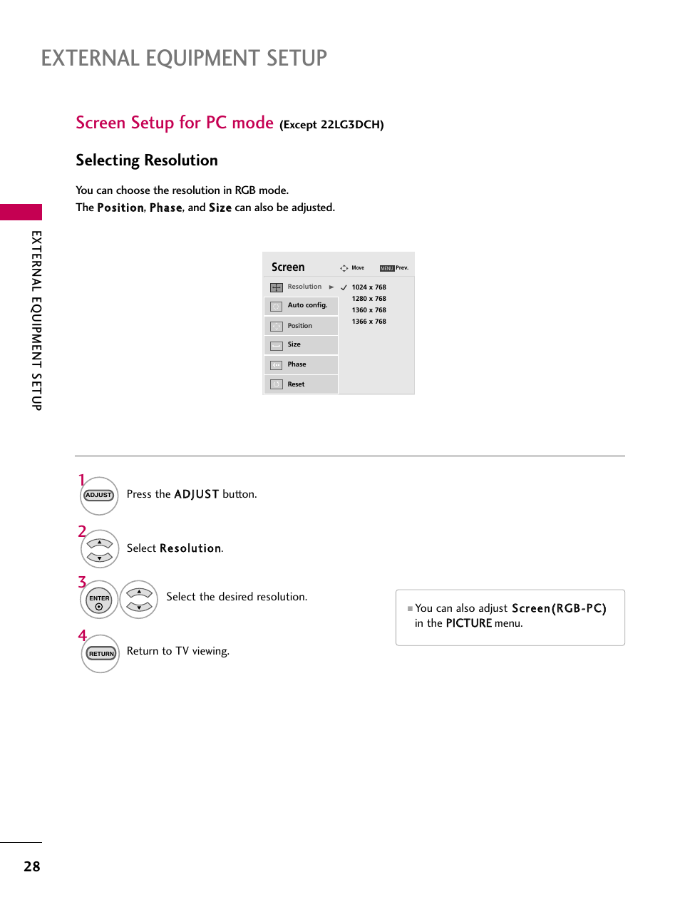 Screen setup for pc mode, External equipment setup, Selecting resolution | External eq uipment setup | LG 323DCH User Manual | Page 30 / 88