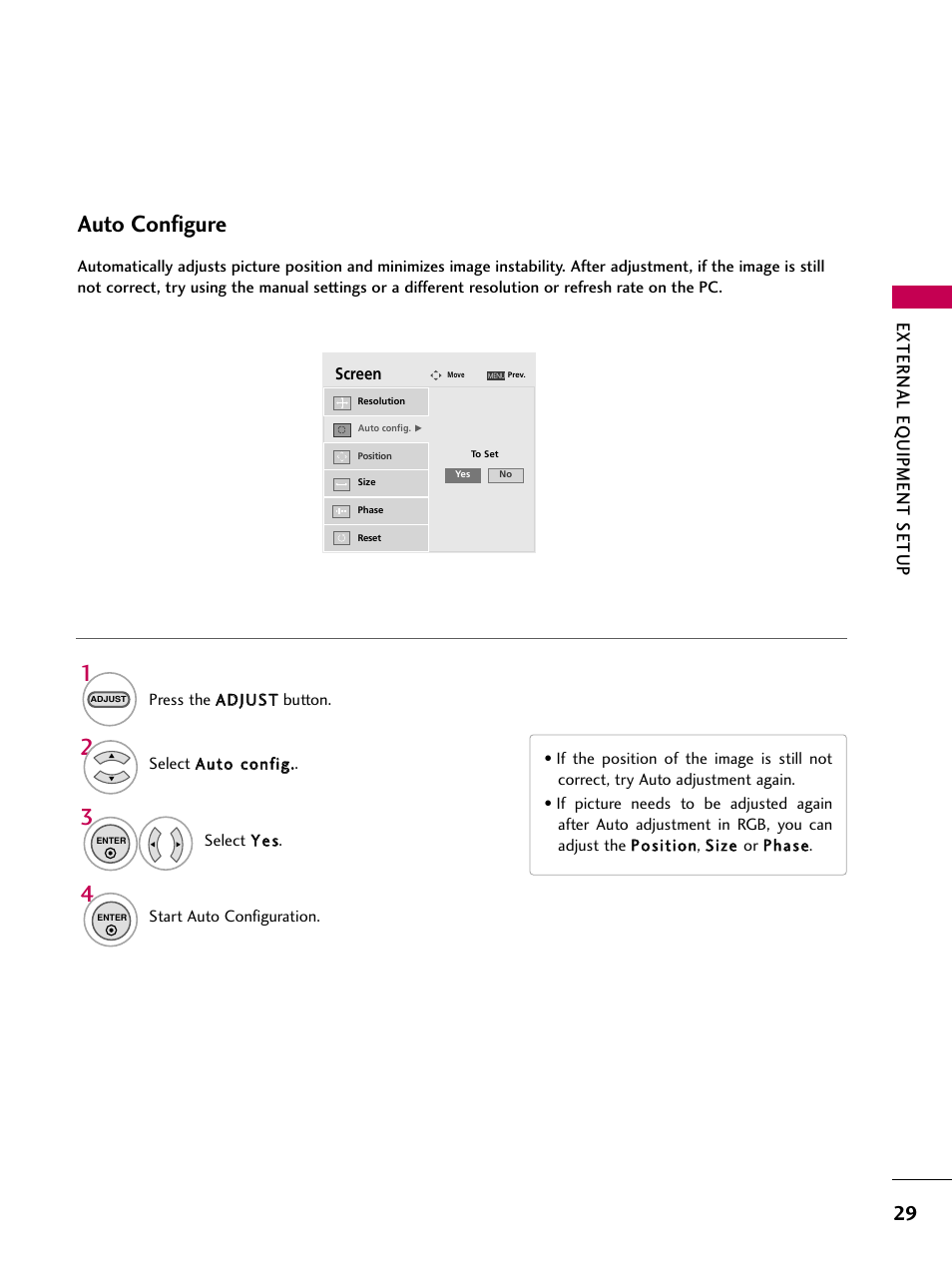 Auto configure, External eq uipment setup | LG 323DCH User Manual | Page 31 / 88
