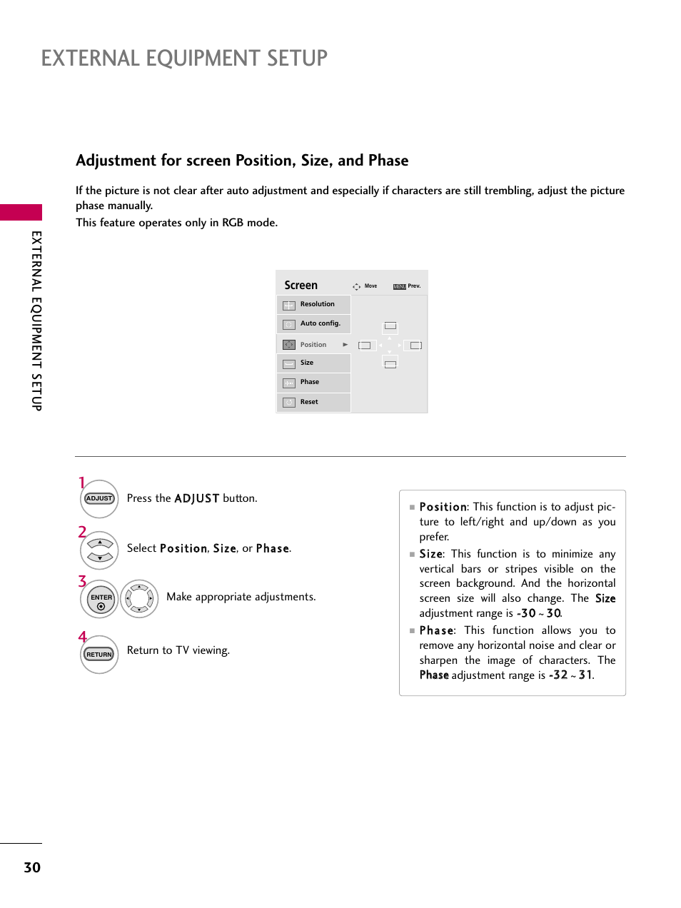 External equipment setup, Adjustment for screen position, size, and phase, External eq uipment setup | LG 323DCH User Manual | Page 32 / 88