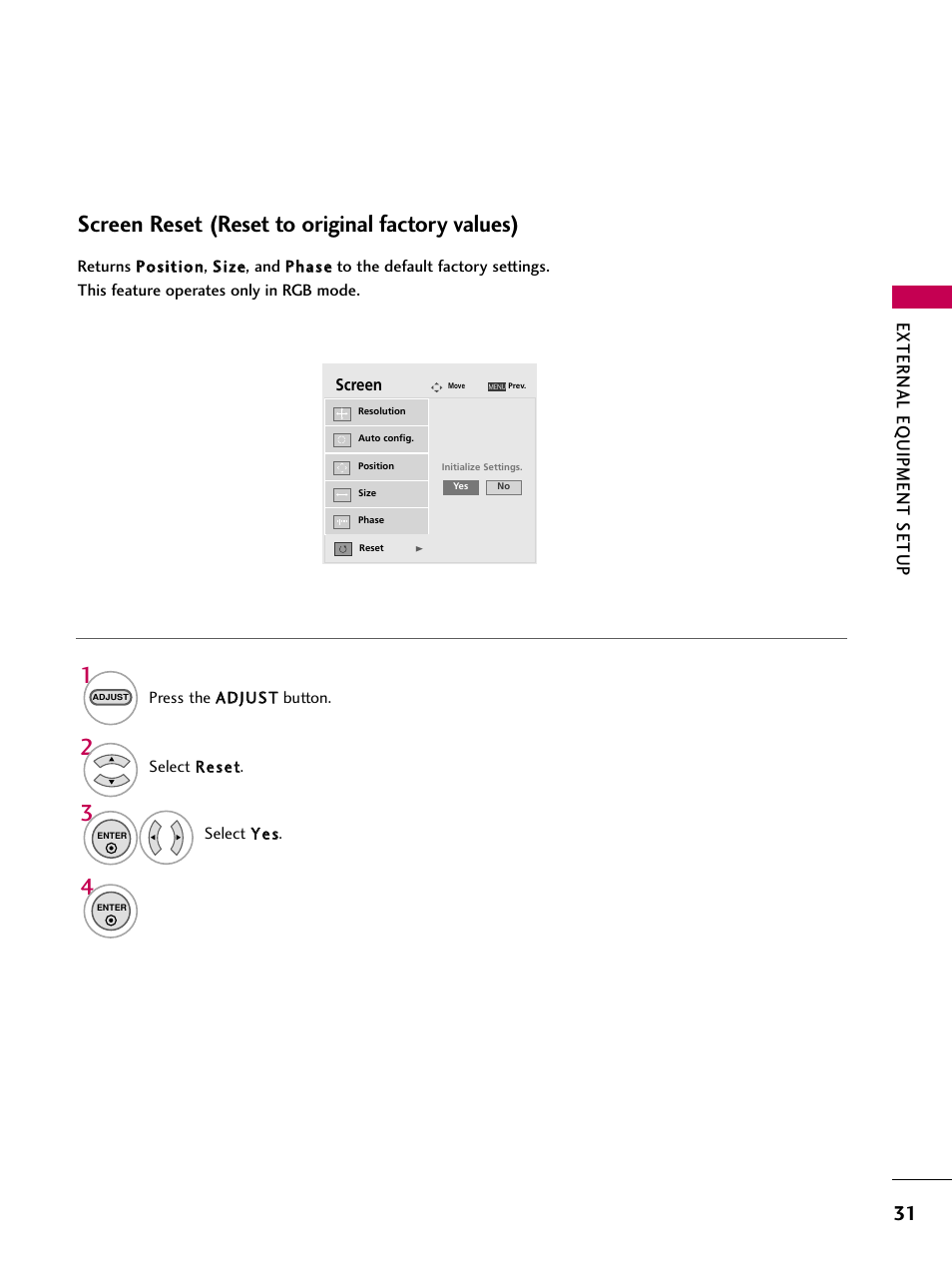 Screen reset (reset to original factory values), External eq uipment setup | LG 323DCH User Manual | Page 33 / 88