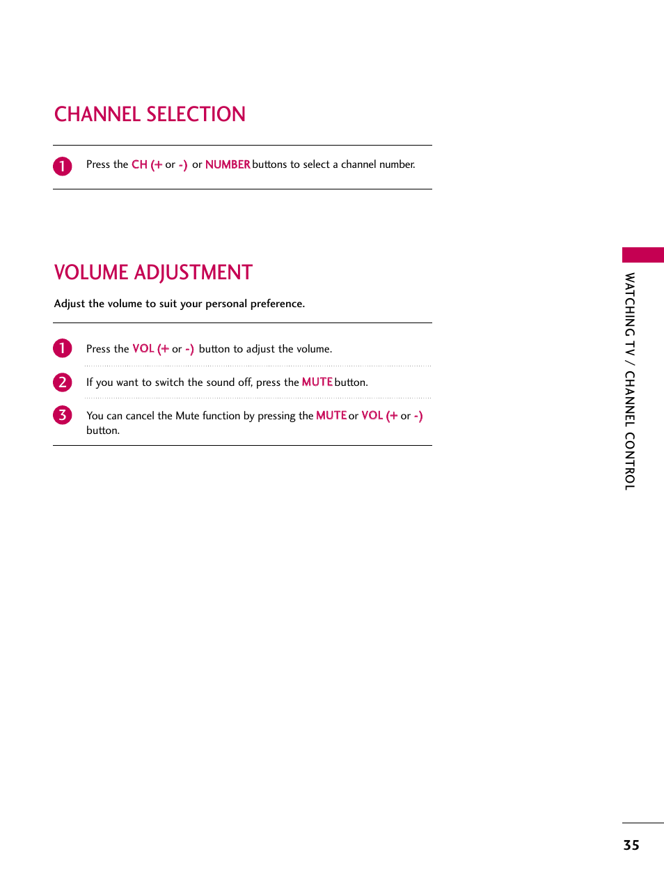Channel selection, Volume adjustment, Volume adjustment channel selection | LG 323DCH User Manual | Page 37 / 88