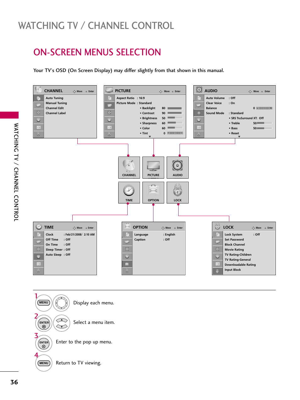 On-screen menus selection, Watching tv / channel control, Wa tching tv / channel contr ol | Return to tv viewing | LG 323DCH User Manual | Page 38 / 88