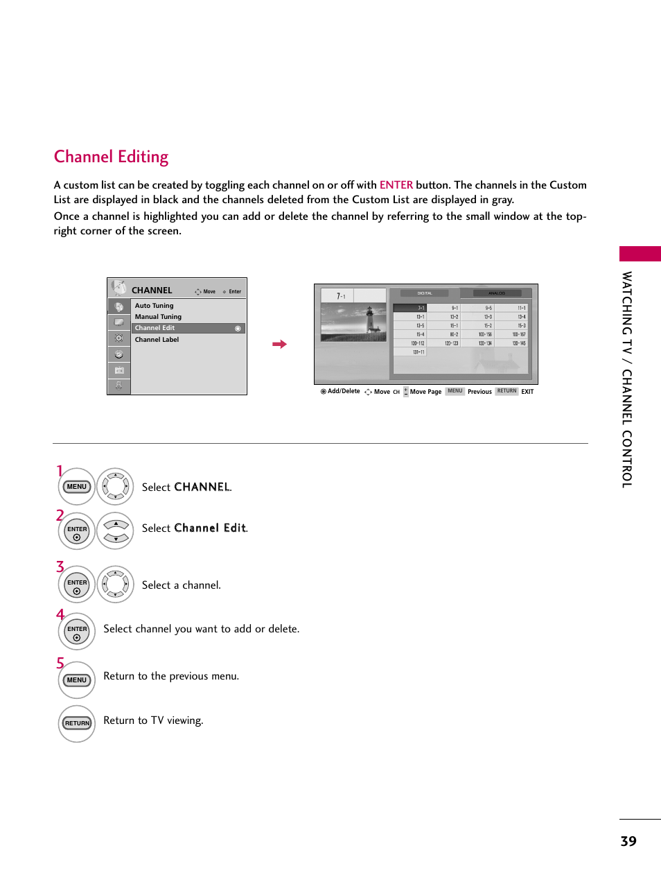 Channel editing, Wa tching tv / channel contr ol | LG 323DCH User Manual | Page 41 / 88