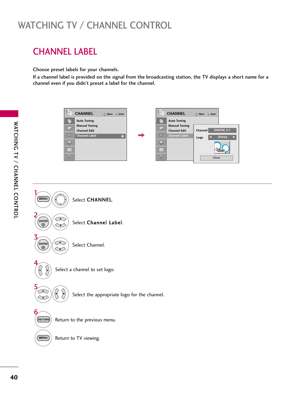 Channel label, Watching tv / channel control, Wa tching tv / channel contr ol | LG 323DCH User Manual | Page 42 / 88