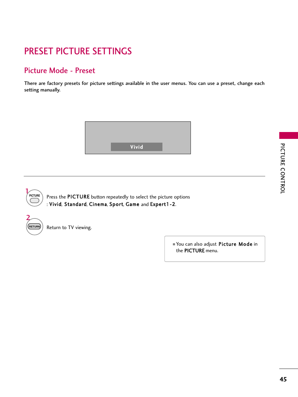 Preset picture settings, Picture mode -preset, Picture mode - preset | LG 323DCH User Manual | Page 47 / 88