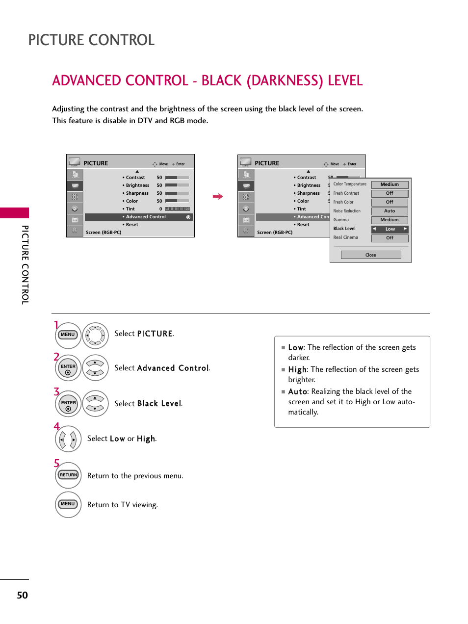Advanced control -black (darkness) level, Picture control, Advanced control - black (darkness) level | Picture contr ol, Return to the previous menu, Return to tv viewing | LG 323DCH User Manual | Page 52 / 88