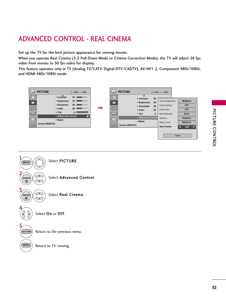 Advanced control -real cinema, Advanced control - real cinema, Picture contr ol | Return to the previous menu, Return to tv viewing | LG 323DCH User Manual | Page 53 / 88