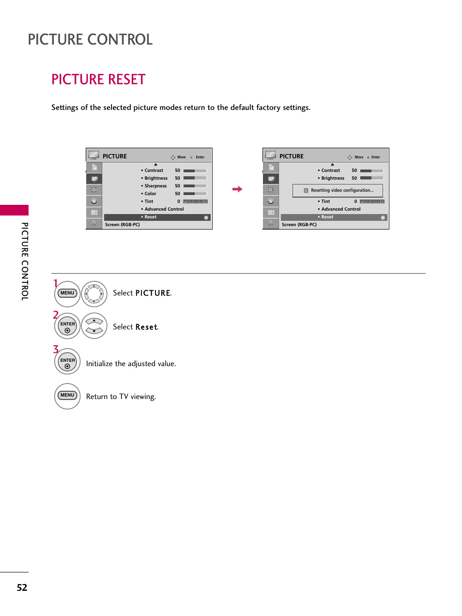 Picture reset, Picture control, Picture contr ol | Return to tv viewing | LG 323DCH User Manual | Page 54 / 88