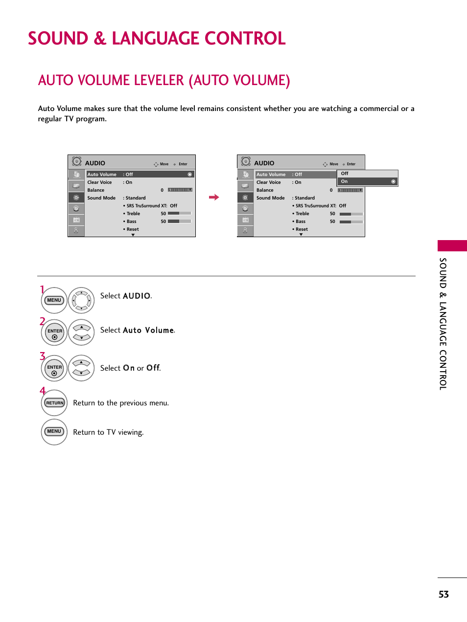 Sound &language control, Auto volume leveler (auto volume), Sound & language control | Sound & langu a ge contr ol | LG 323DCH User Manual | Page 55 / 88