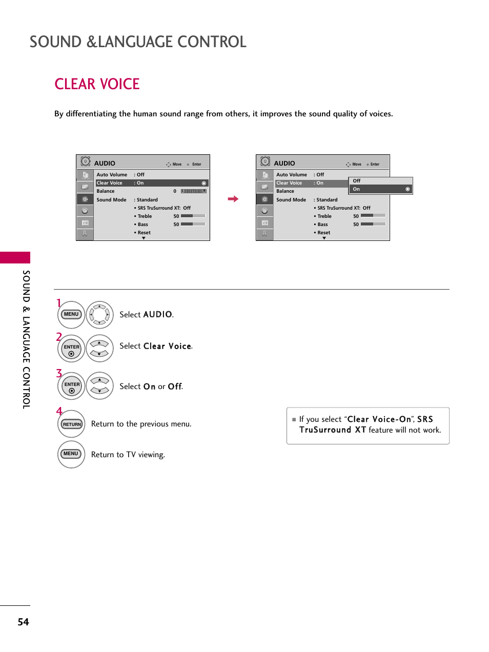 Clear voice, Sound &language control, Sound & langu a ge contr ol | LG 323DCH User Manual | Page 56 / 88