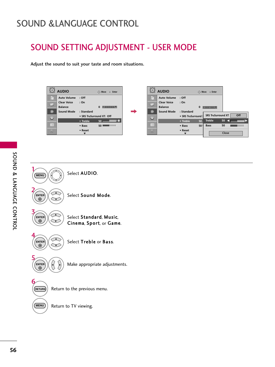 Sound setting adjustment -user mode, Sound &language control, Sound setting adjustment - user mode | Sound & langu a ge contr ol | LG 323DCH User Manual | Page 58 / 88