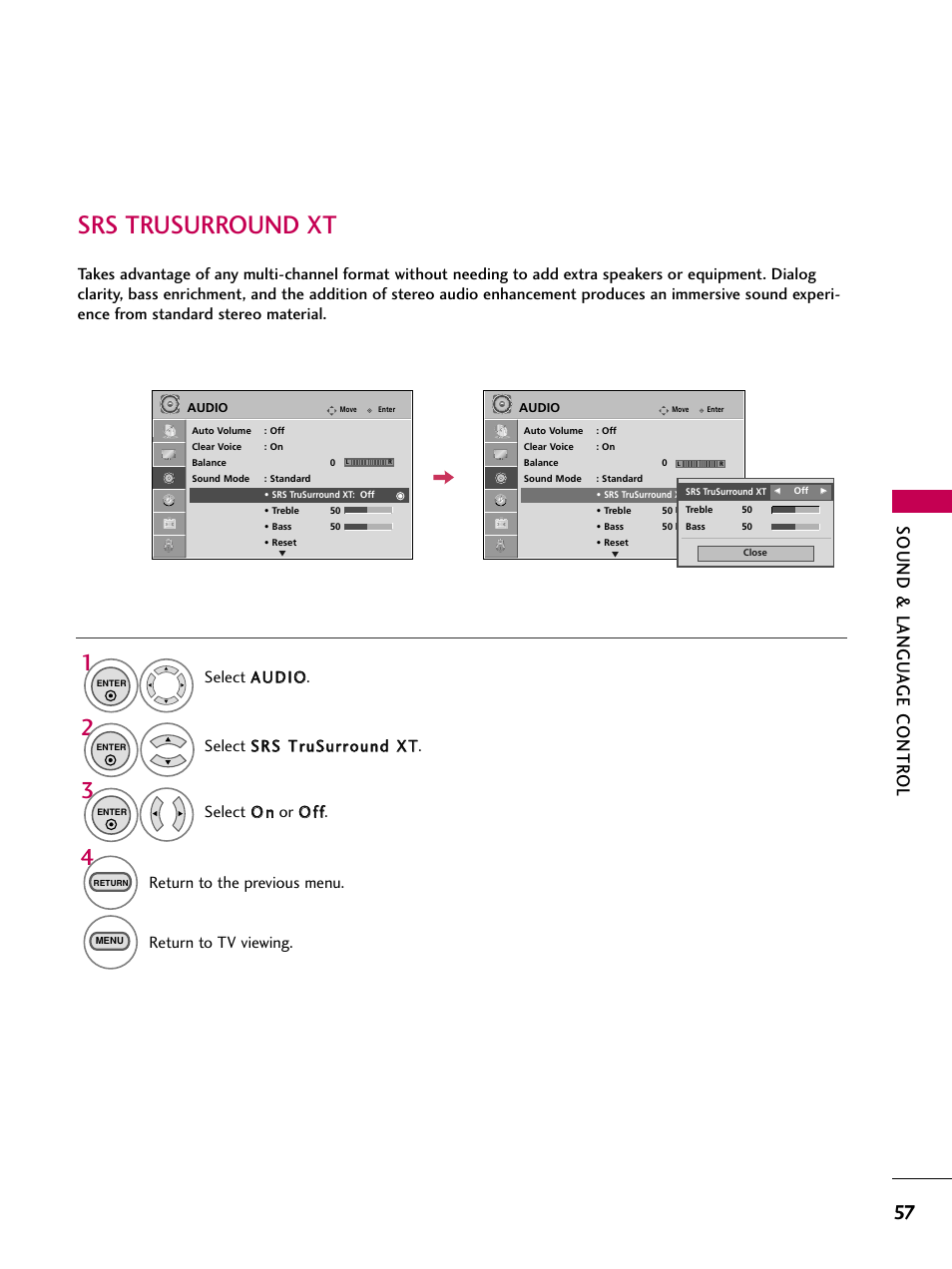 Srs trusurround xt, Sound & langu a ge contr ol, Return to the previous menu | Return to tv viewing | LG 323DCH User Manual | Page 59 / 88