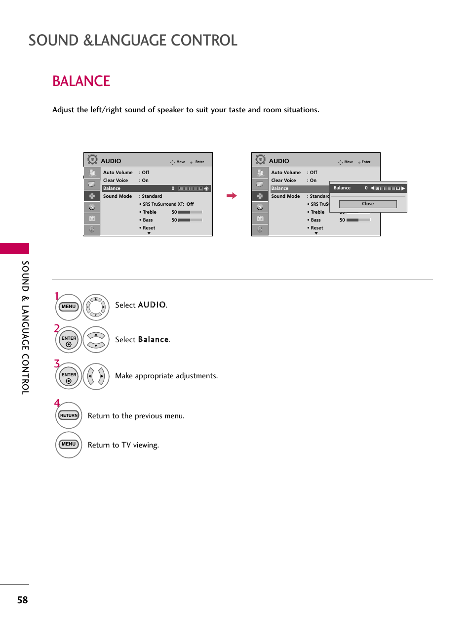 Balance, Sound &language control, Sound & langu a ge contr ol | Return to the previous menu, Return to tv viewing | LG 323DCH User Manual | Page 60 / 88