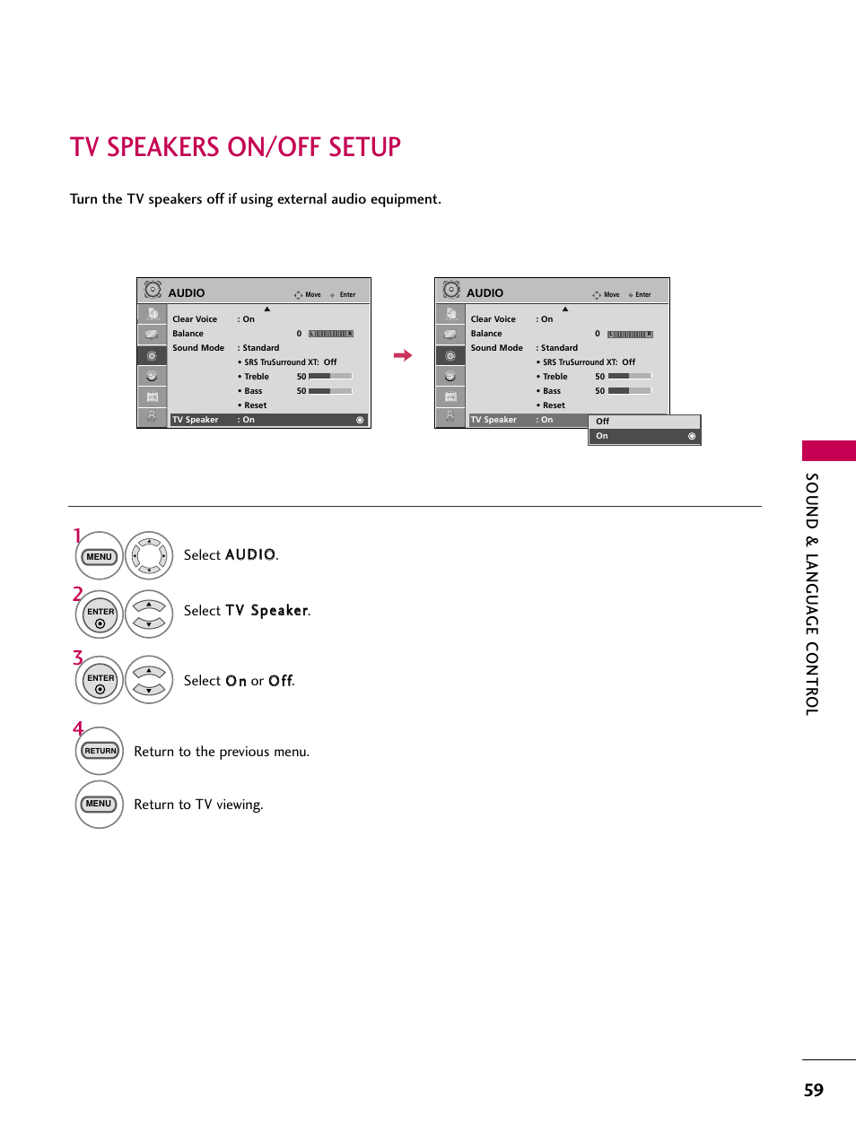 Tv speakers on/off setup, Sound & langu a ge contr ol, Return to the previous menu | Return to tv viewing | LG 323DCH User Manual | Page 61 / 88