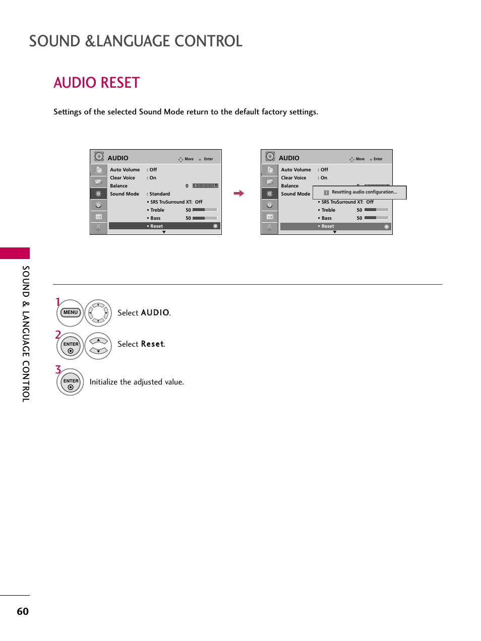 Audio reset, Sound &language control, Sound & langu a ge contr ol | Initialize the adjusted value | LG 323DCH User Manual | Page 62 / 88