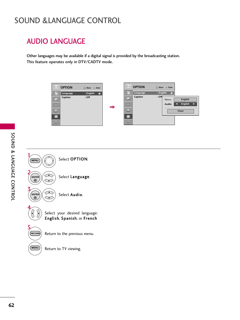 Audio language, Sound &language control, Sound & langu a ge contr ol | LG 323DCH User Manual | Page 64 / 88