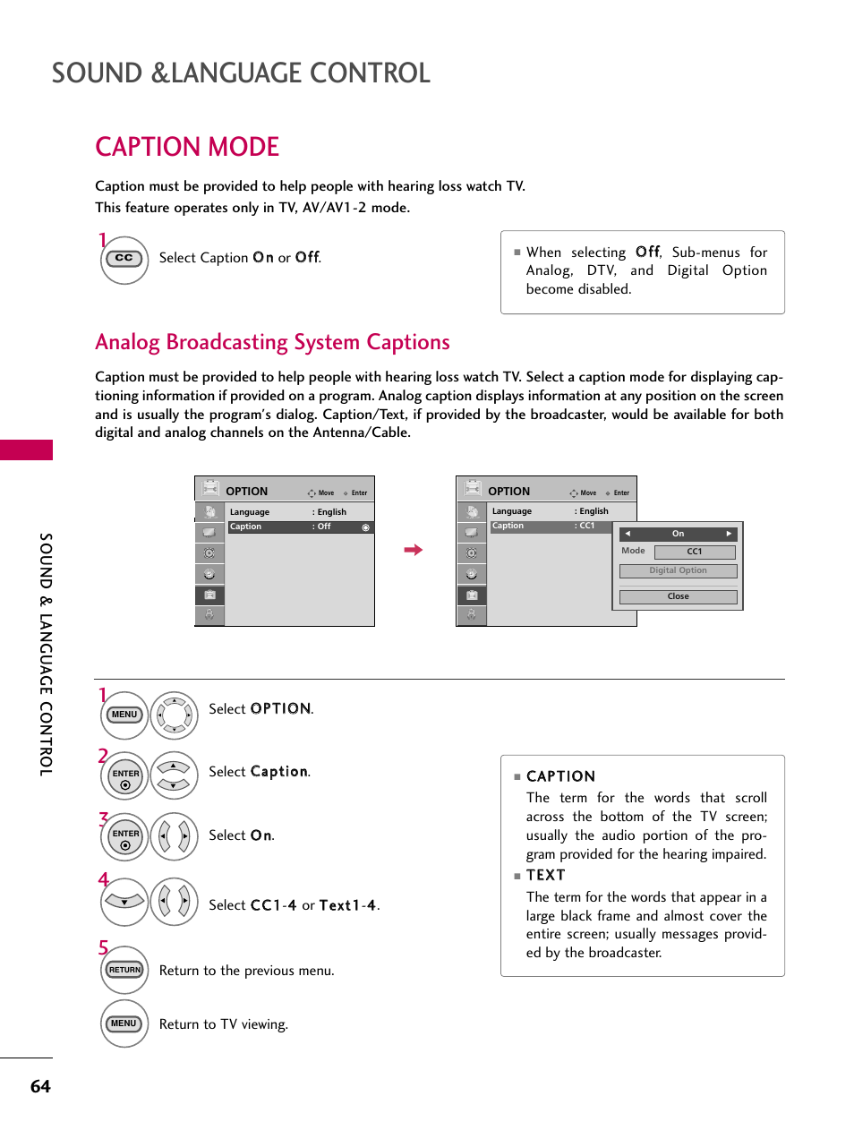 Caption mode, Analog broadcasting system captions, Sound &language control | Sound & langu a ge contr ol | LG 323DCH User Manual | Page 66 / 88