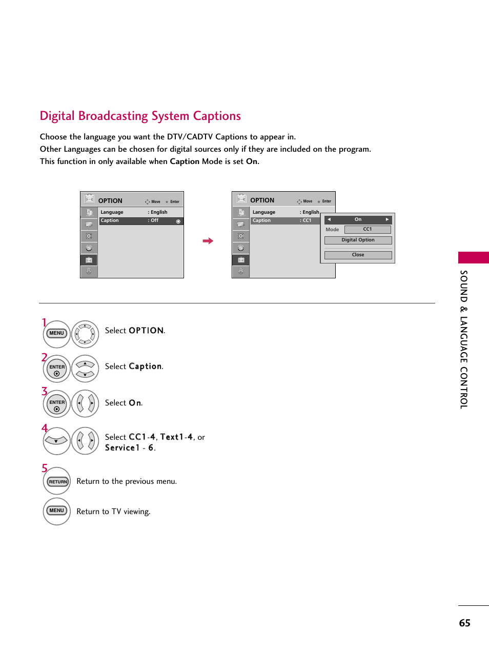 Digital broadcasting system captions, Sound & langu a ge contr ol | LG 323DCH User Manual | Page 67 / 88