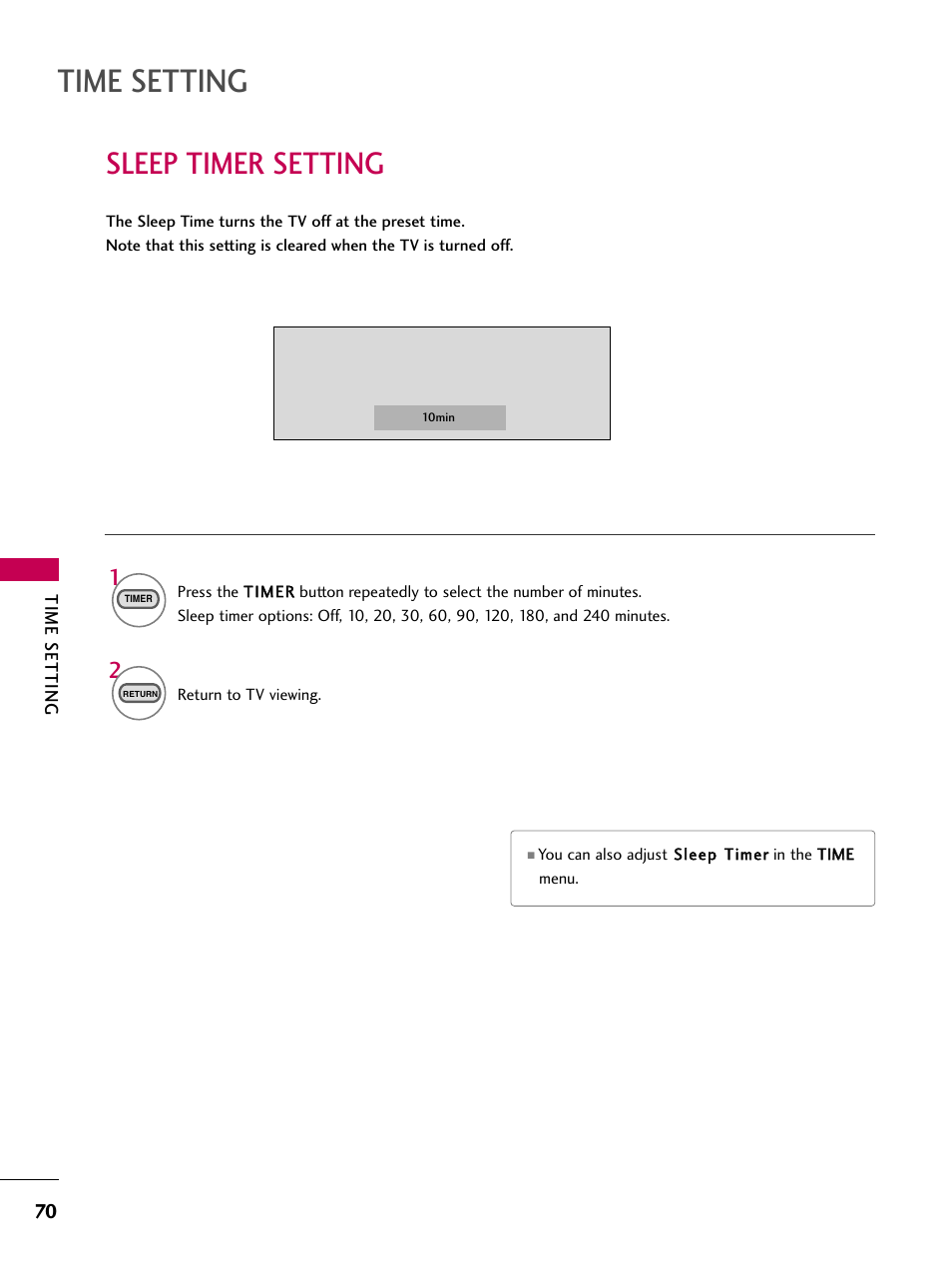 Sleep timer setting, Time setting | LG 323DCH User Manual | Page 72 / 88