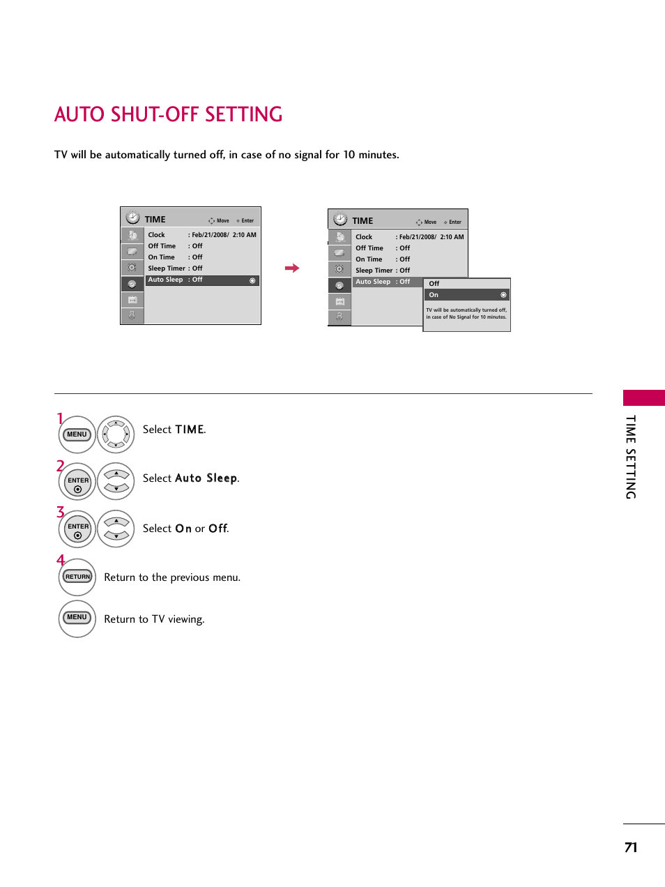 Auto shut-off setting, Time setting | LG 323DCH User Manual | Page 73 / 88