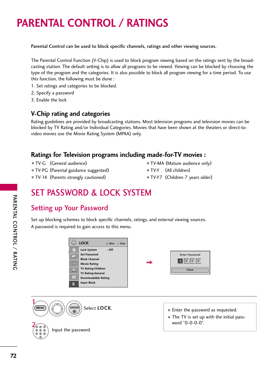 Parental control /ratings, Set password &lock system, Setting up your password | Parental control / ratings, Set password & lock system, V-chip rating and categories, Parent al contr ol / r a ting | LG 323DCH User Manual | Page 74 / 88