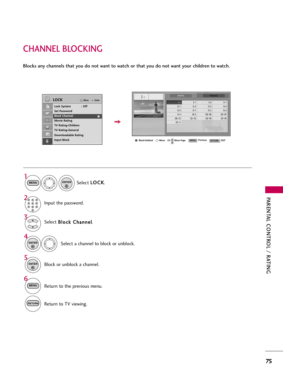Channel blocking, Parent al contr ol / r a ting | LG 323DCH User Manual | Page 77 / 88