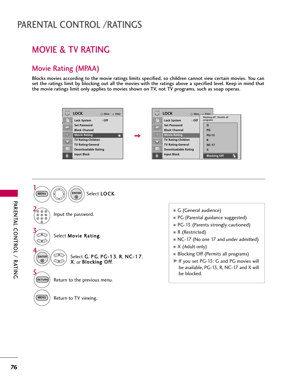 Movie &tv rating, Movie rating (mpaa), Parental control /ratings | Movie & tv rating, Parent al contr ol / r a ting | LG 323DCH User Manual | Page 78 / 88