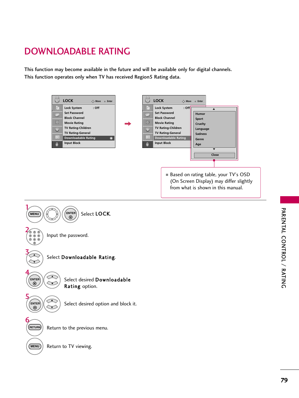 Downloadable rating, Parent al contr ol / r a ting | LG 323DCH User Manual | Page 81 / 88