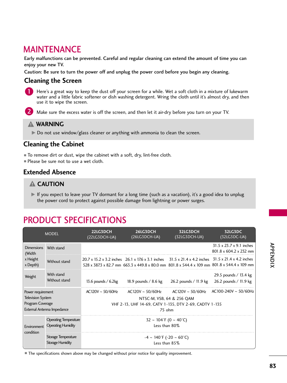 Maintenance, Product specifications, Cleaning the screen | Cleaning the cabinet, Extended absence, Caution, Warning, Appendix | LG 323DCH User Manual | Page 85 / 88