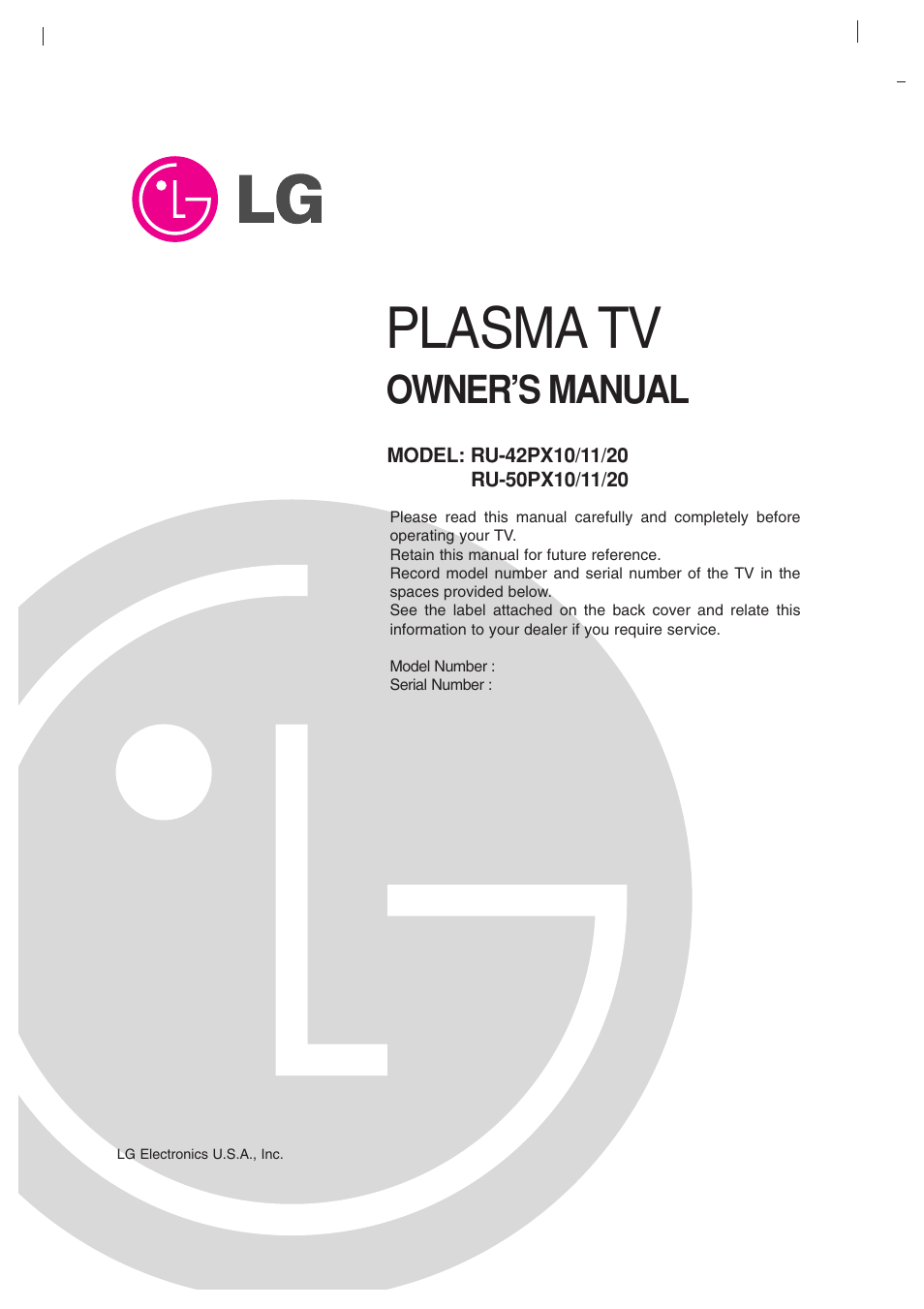 LG RU-50PX20 User Manual | 44 pages