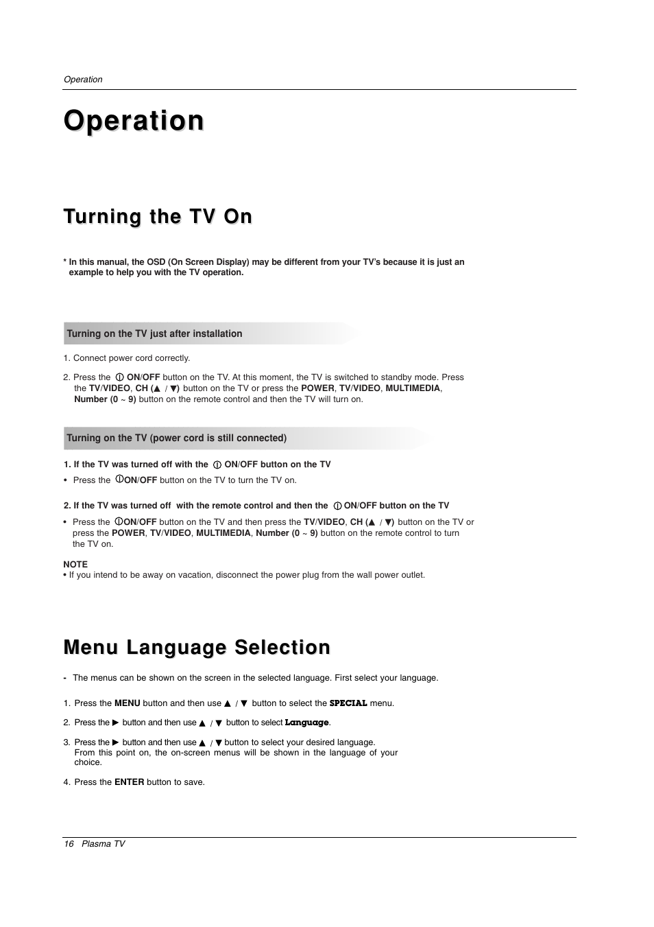 Operation, Menu language selection | LG RU-50PX20 User Manual | Page 16 / 44