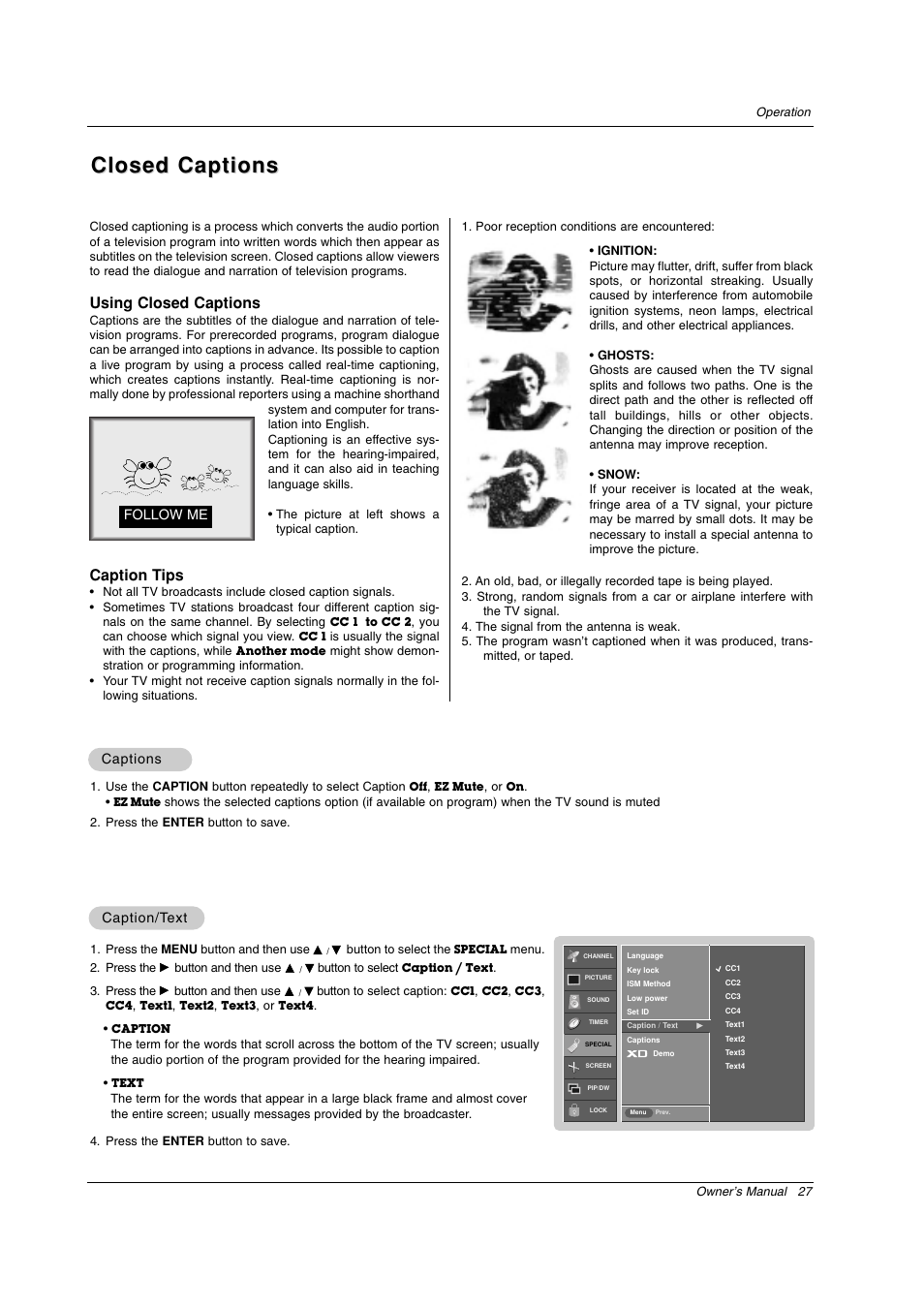 Closed captions, Using closed captions, Caption tips | LG RU-50PX20 User Manual | Page 27 / 44