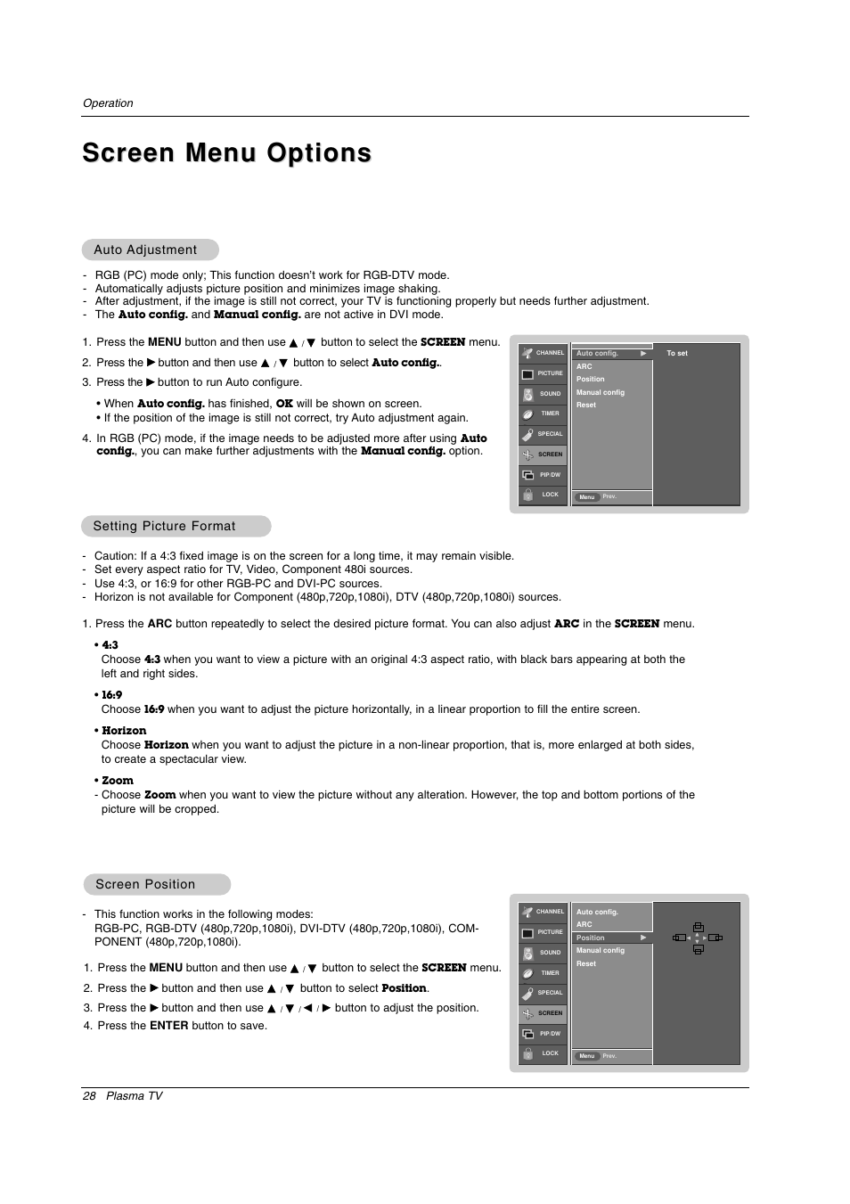 Screen menu options, Auto, Auto adjustment adjustment | Setting picture format, Screen position | LG RU-50PX20 User Manual | Page 28 / 44