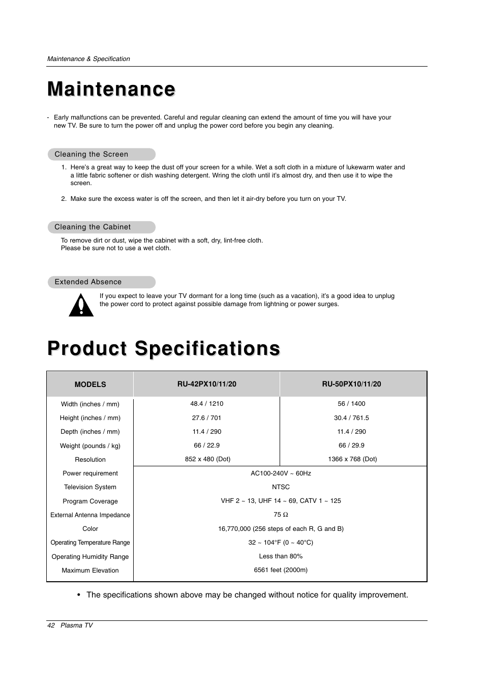 Maintenance | LG RU-50PX20 User Manual | Page 42 / 44