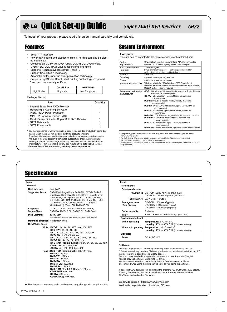 Quick set-up guide, Features, System environment | Specifications, Super multi dvd rewriter gh22 | LG MFL40014114 User Manual | Page 3 / 4