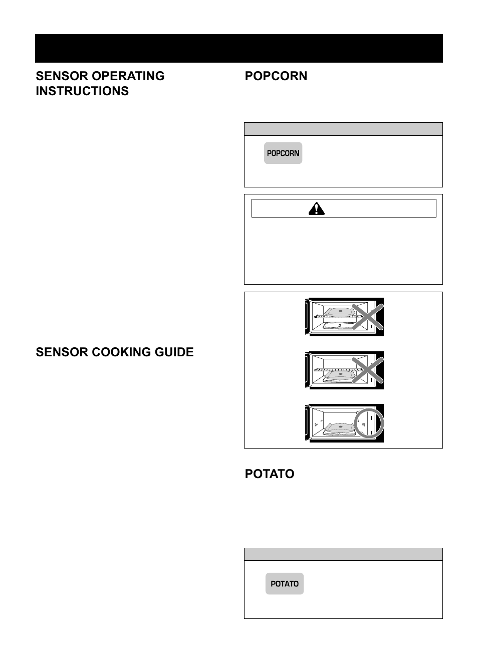 Operation, Sensor operating instructions, Sensor cooking guide | Potato, Popcorn, Caution | LG LMVM1955SB User Manual | Page 17 / 36