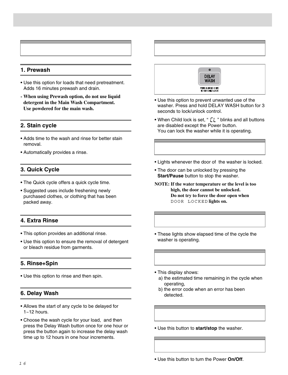 How to use the washer, Option child lock door locked, Status indicator | Est. time remaining, Start/pause, Power | LG WM0642H User Manual | Page 17 / 48