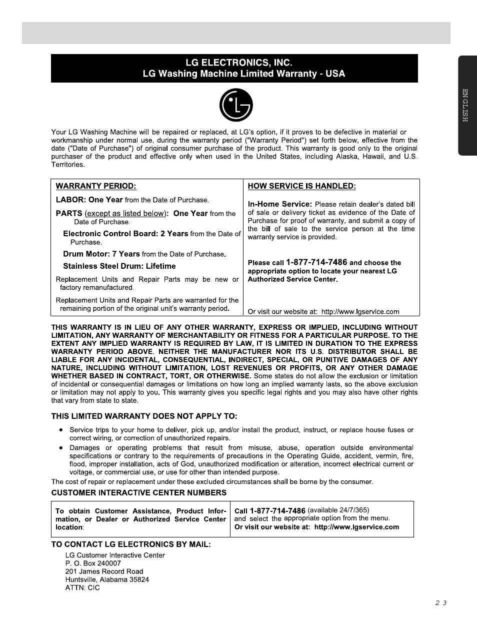 Warranty | LG WM0642H User Manual | Page 24 / 48