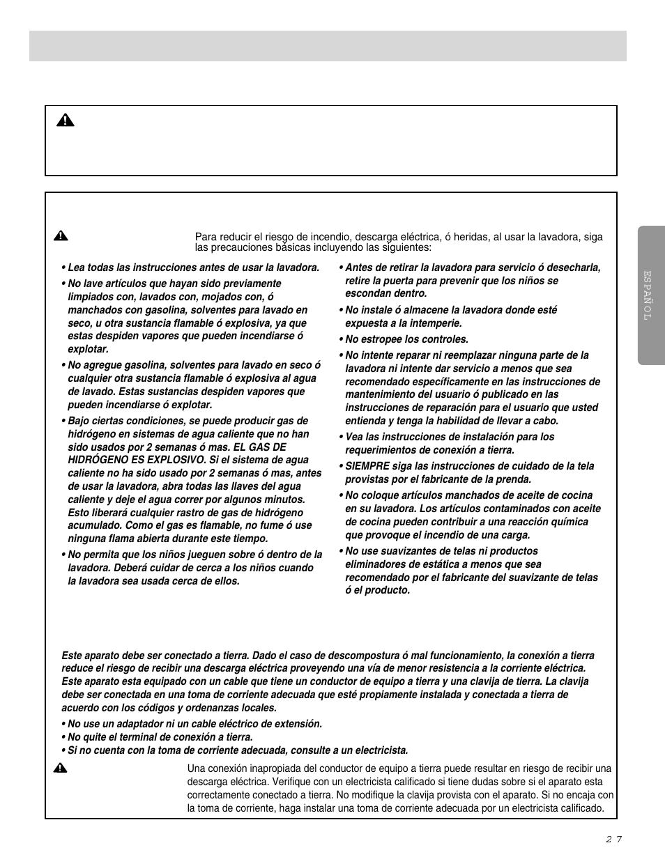 Información importante de seguridad, Advertencia, Guarde estas instrucciones | Instrucciones de conecciona tierra | LG WM0642H User Manual | Page 28 / 48