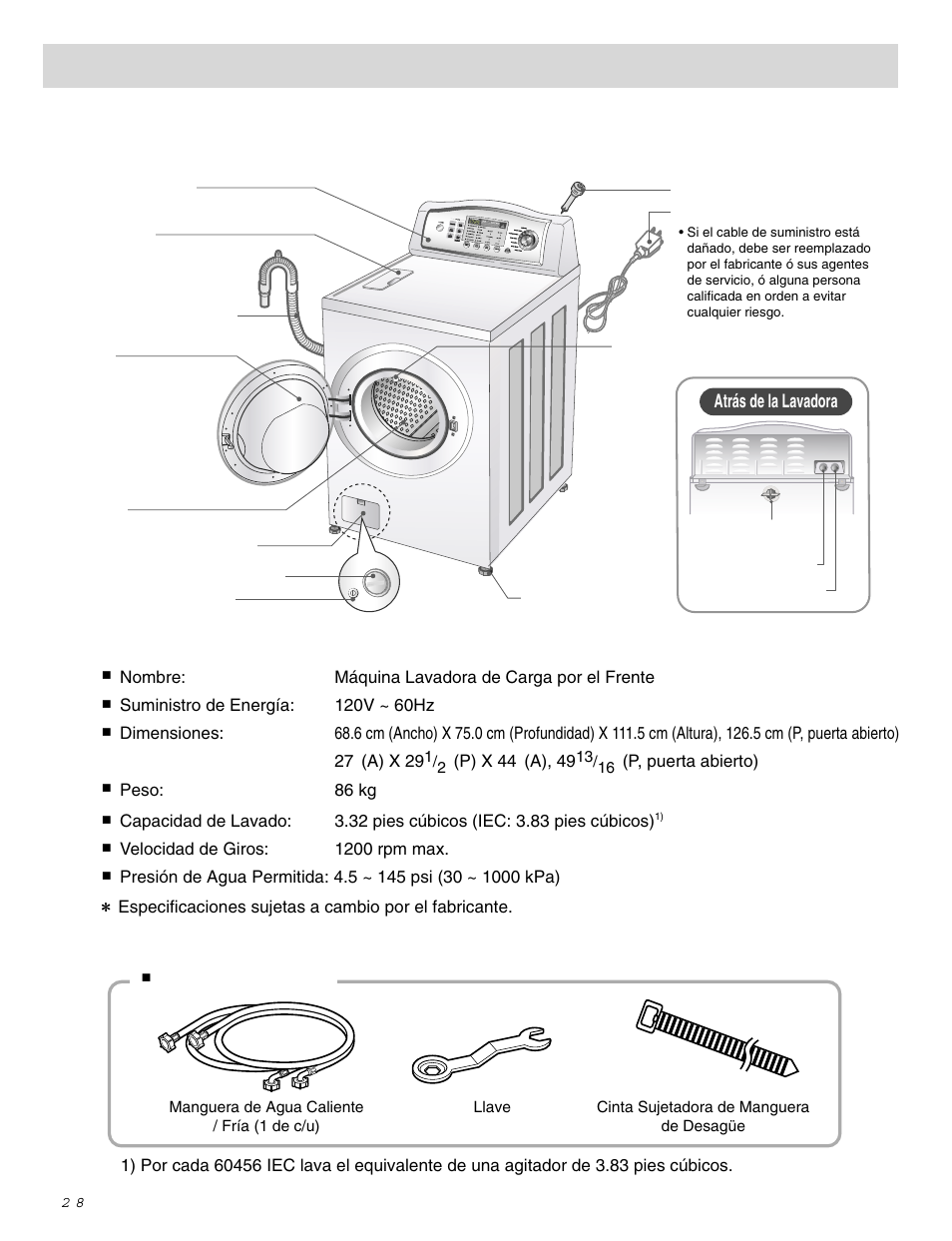 Especificaciones, Accesorios | LG WM0642H User Manual | Page 29 / 48